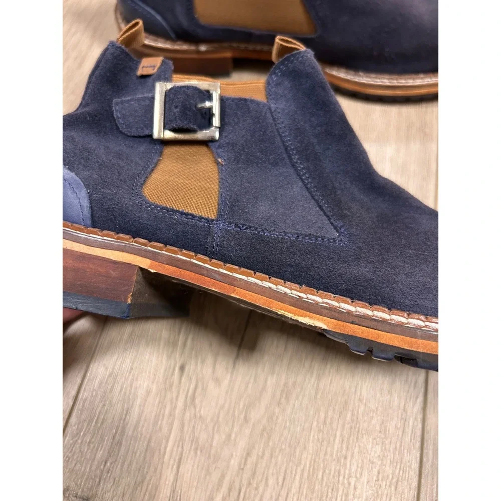 Vintage Foundry Co Mens Navy Blue Suede Monk Strap Chelsea Boots Size 9 Lug Sole